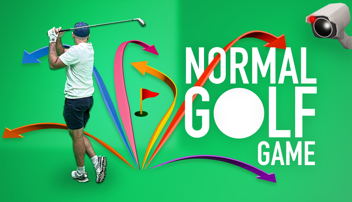 Normal Golf Game key art: a golfer mid-swing with colorful ball-trail arrows toward the green and the game logo
