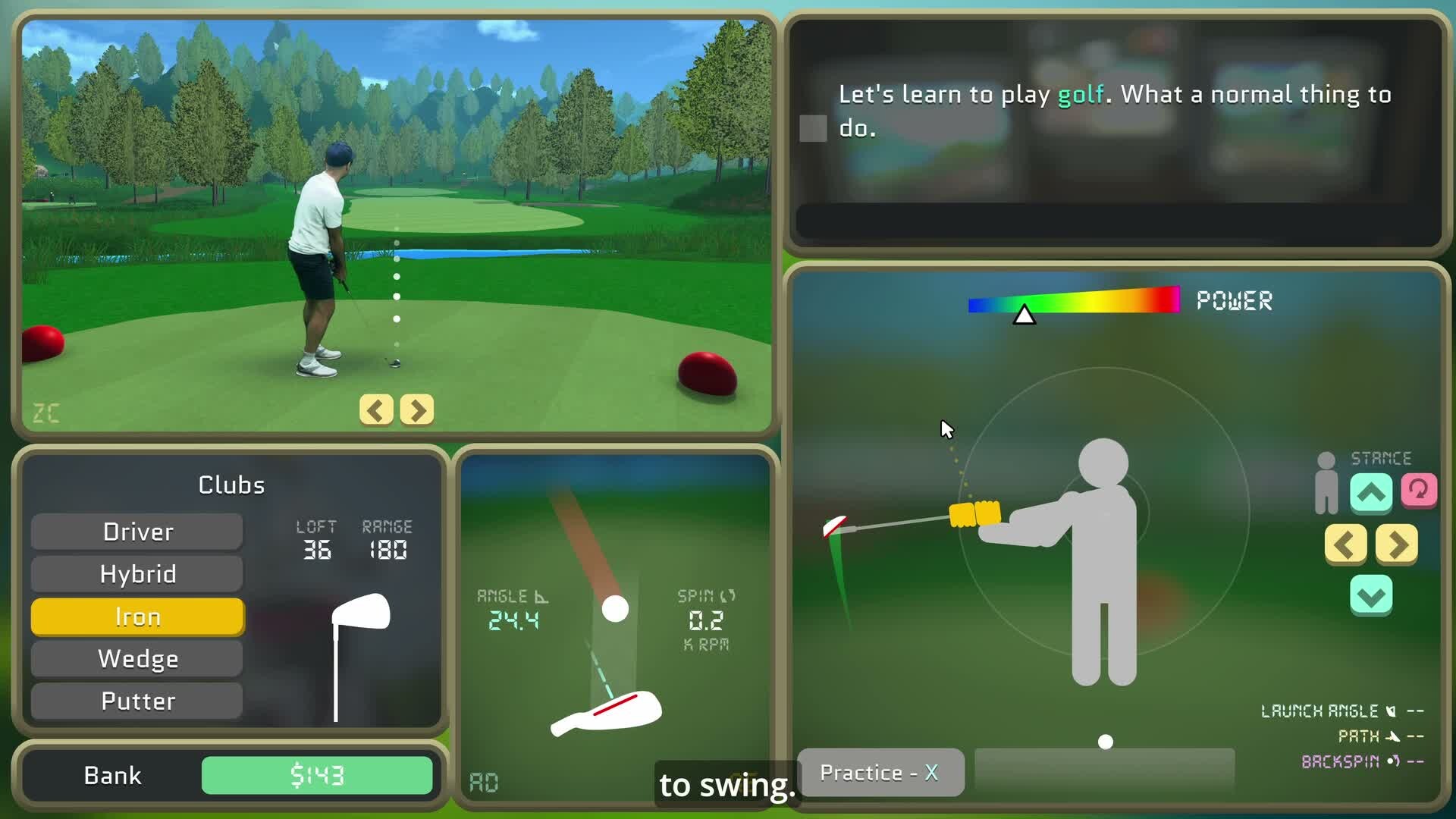 Normal Golf Game gameplay: the golfer lines up a putt while the swing panel shows stance, club face, angle and power